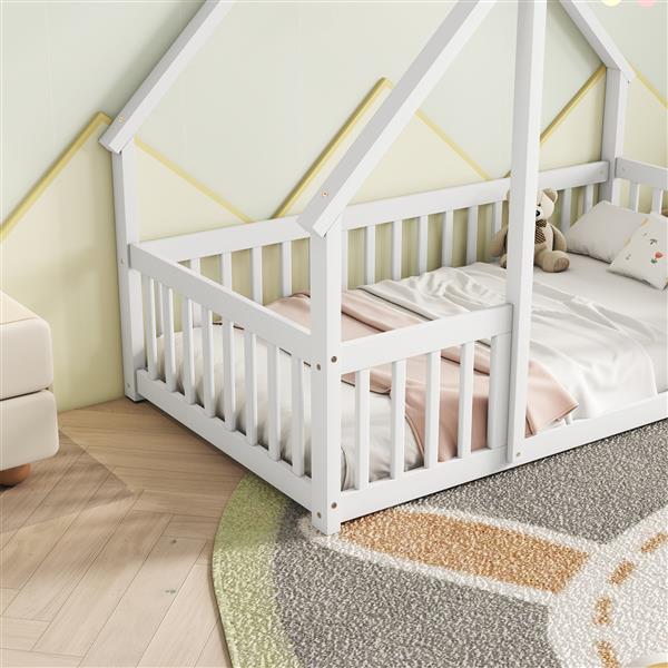 Twin Wood House-Shaped Floor Bed with Fence, Guardrails ,White