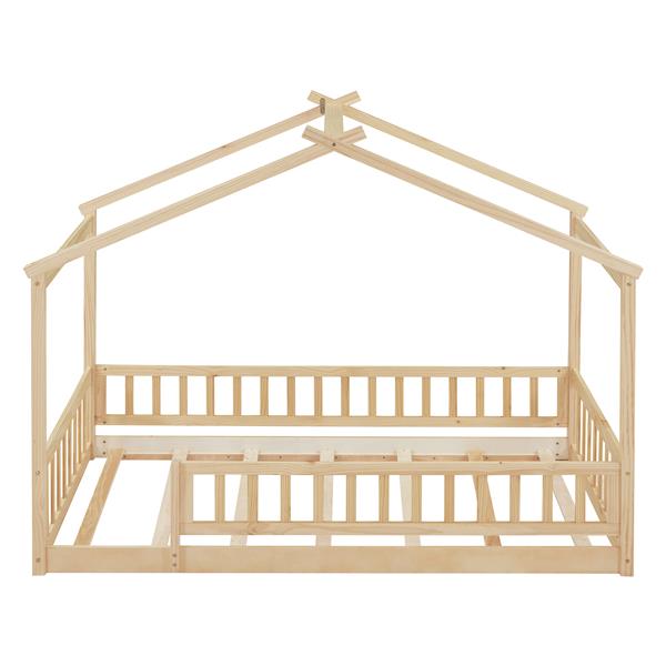 Twin Size Wood Bed House Bed Frame with Fence, for Kids, Teens, Girls, Boys,Natural