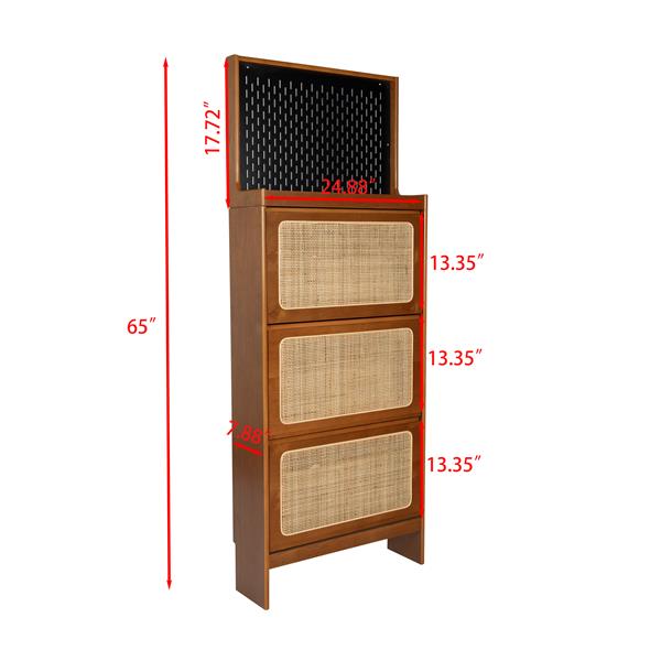 Rattan Shoe Cabinet for Entryway, Free Standing Shoe Rack with 3 Flip Drawers & Black Pegboard, Hidden Narrow Shoe Cabinet for Entrance Hallway, 24.88"W x 7.88" D x 65"H