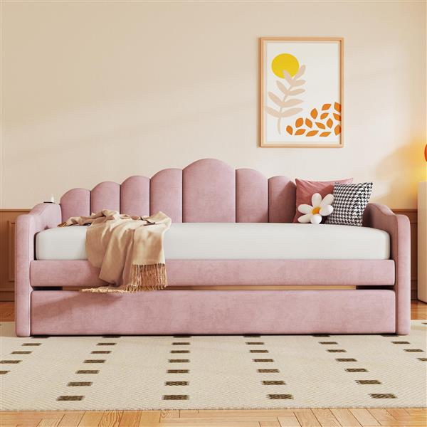 Twin size Upholstered Daybed with Trundle ,Velvet Sofabed with USB Charging Ports,No Box-spring Needed,Pink