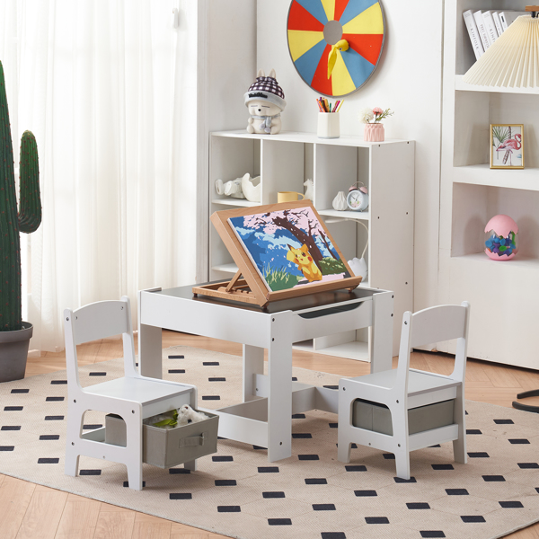 Children's Wooden Table And Chair Set With Two Storage Bags (One Table And Two Chairs) Grey And White