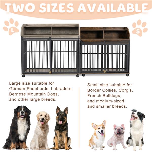 44'' Heavy Duty Large Dog Crate Furniture for Large Medium Dog with Lockable Wheels, Wooden Dog Crate Dog Kennel, End Table Crate with Double layer storage, Gray