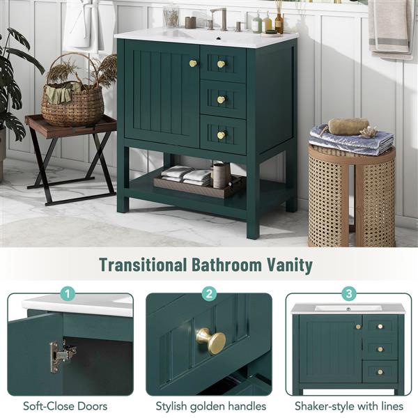 30inch Transitional Style Bathroom Vanity Cabinet Combo with Ceramic Sink