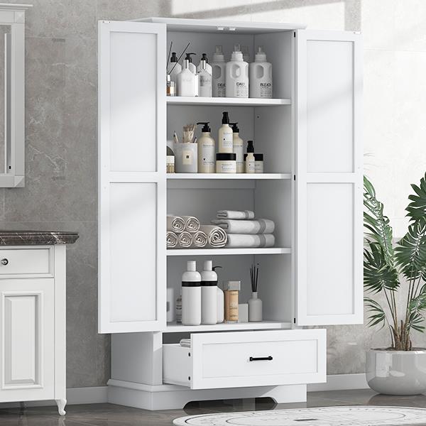 Tall Bathroom Storage Cabinet, Cabinet with Two Doors and One Drawer, Adjustable Shelf, MDF Board, White