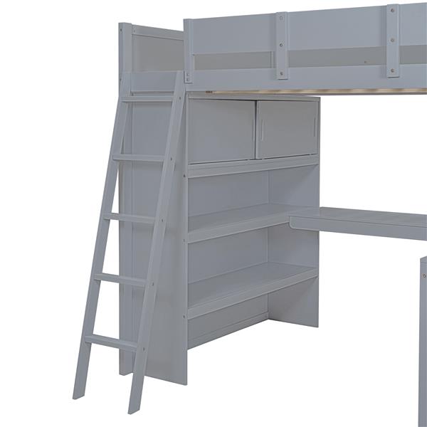 Full Size Loft Bed with Desk and Shelf - Gray