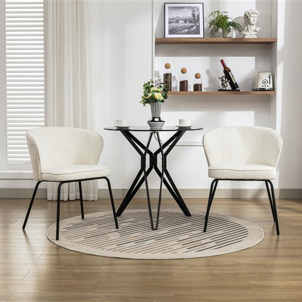 042-Set of 2 Boucle Fabric Dining Chairs With Black Metal Legs,Ivory