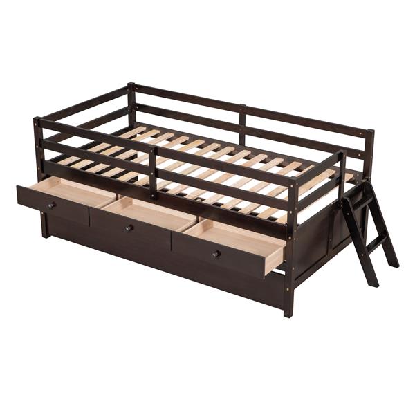 Low Loft Bed Twin Size with Full Safety Fence, Climbing ladder, Storage Drawers and Trundle Espresso Solid Wood Bed