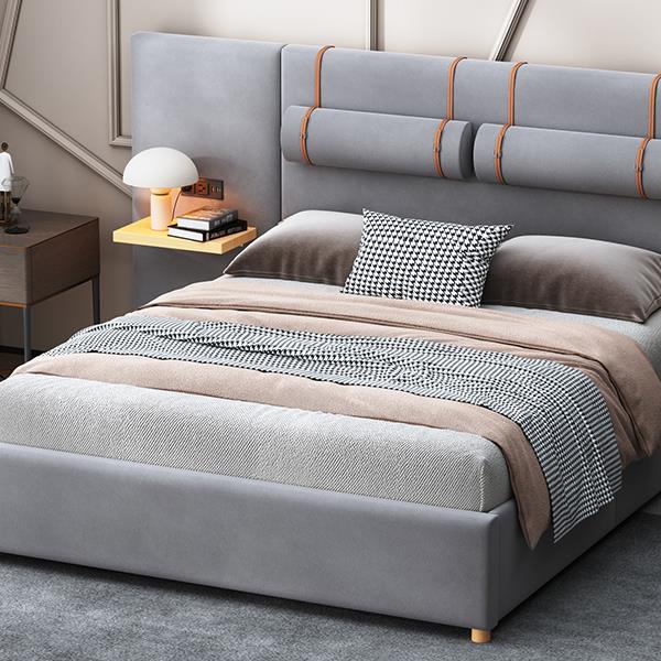 Queen Upholstered Platform Bed, Two Outlets and USB Charging Ports on Both Sides, Two Bedside Pillows, Storage Shelves, Gray