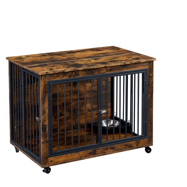 Furniture Style Dog Crate Side Table With Rotatable Feeding Bowl, Wheels, Three Doors, Flip-Up Top Opening. Indoor, Rustic Brown, 38.58"W x 25.2"D x 27.17"H