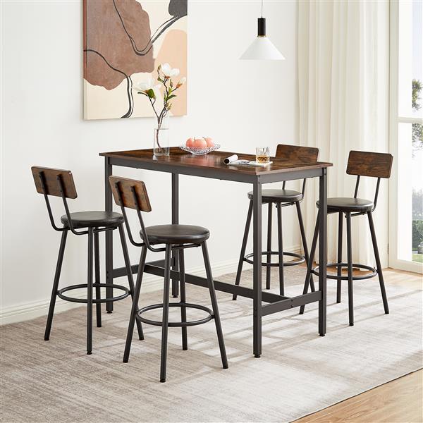 Pub High Dining Table 5 Piece Set, Industrial Style Pub Table, 4 PU Leather Bar Chairs for Kitchen Breakfast Table, Living Room, Bar, Rustic Brown, 47.2″L x 23.6"W x 35.4"H