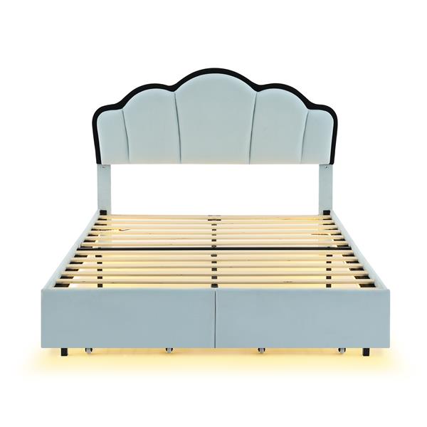 Full Size Upholstered Princess Platform Bed with LED and 2 Storage Drawers, Blue