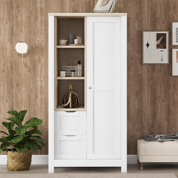 Bedroom Storage Wardrobe with Hanging Rods and 2 Drawers and Open Shelves,Sliding Door,White