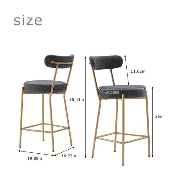 25" Modern Gold Bar Stools Set of 2 Counter Height Bar Stools for Kitchen Counter Upholstered Sherpa Counter Stools with Backs Kitchen Island Stool