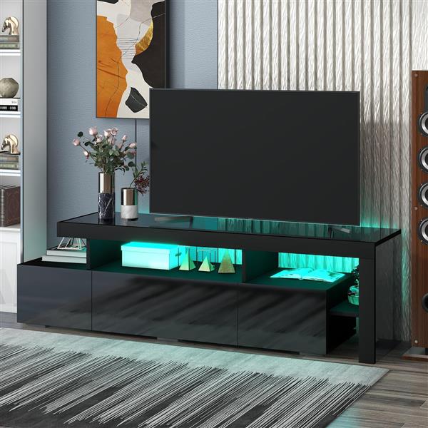 Modern Style 16-colored LED Lights TV Cabinet,  UV High Gloss Surface Entertainment Center with DVD Shelf,  Up to 70 inch TV, Black