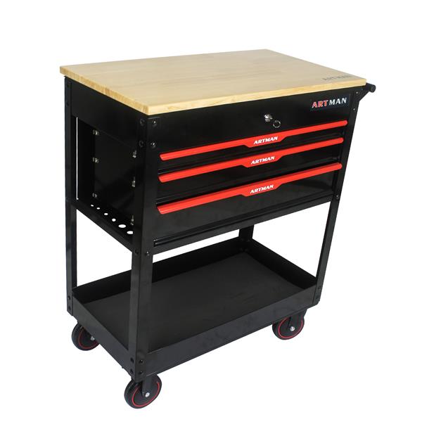 3 DRAWERS MULTIFUNCTIONAL TOOL CART WITH WHEELS AND WOODEN TOP