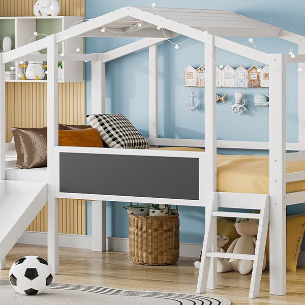 Twin Size Loft Bed with Ladder and Slide, House Bed with Blackboard and Light Strip on the Roof, White