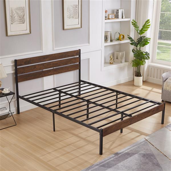 Queen Size Bed Frame with Wood Headboard, Metal Frame with Strong Slats, Noise Free,No Box Spring Needed-Brown