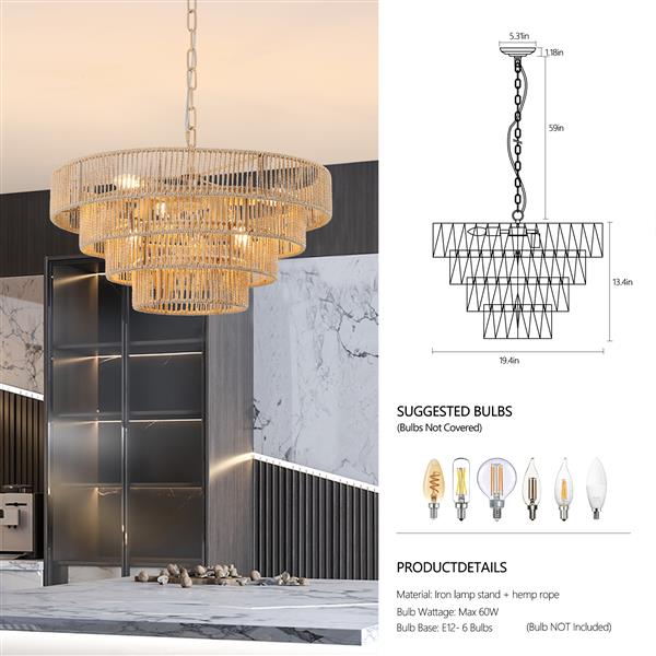 Bohemian style Woven Pendant Light 19.7 Inch Rattan Ligh Large Rattan Pendant Light with 4-Tier Rattan Chandelier--Wood