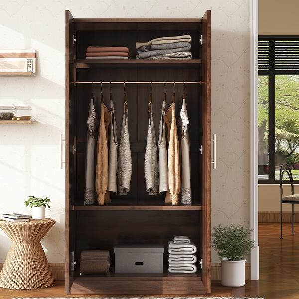 2-Door Wooden Wardrobe Armoire with 3 Storage Shelves, Brown