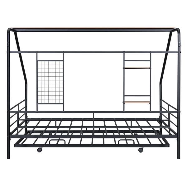 Full Size Metal House Bed with Trundle, Black