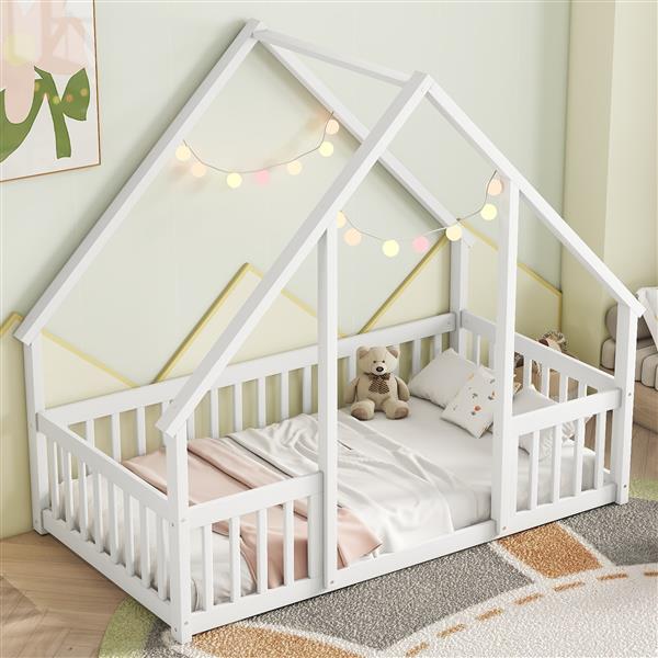 Twin Wood House-Shaped Floor Bed with Fence, Guardrails ,White