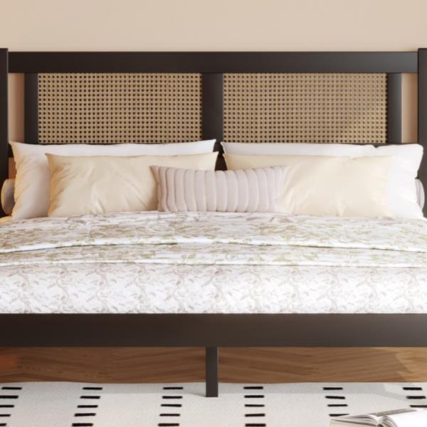 Queen Size Wooden Platform Bed with Natural Rattan Headboard, Exquisite Elegance with Minimalist Charm for Bedroom, Black