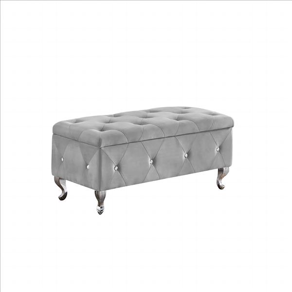 Storage Ottoman Bench, Bedroom End Bench,Velvet Upholstered Storage Bench with Button,Storage Ottoman with Safety Hinge,Flip top,metal leg with footpad,Perfect for Living Room,Entryway,Bedroom,Grey