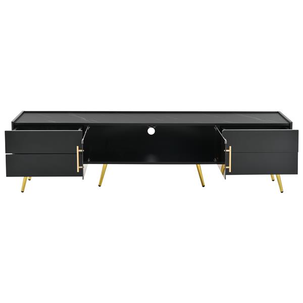 Modern TV Stand with LED lights for TVs up to 80 Inches, Entertainment Center with 4 Drawers and 1 Cabinet with Brown Glass Door, Media Console with Metal Legs and Handles for Living room