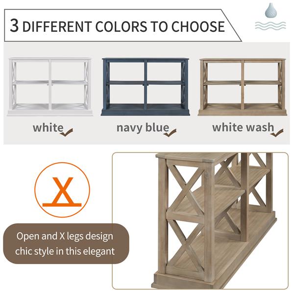 Console Table with 3-Tier Open Storage Spaces and “X” Legs, Narrow Sofa Entry Table for Living Room, Entryway and Hallway (White Wash)