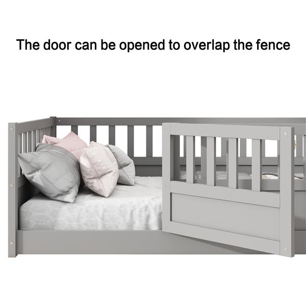 Twin Size Floor bed, integral construction with super high security barrier, door, children's floor bed frame, Montessori wooden children's floor bed, Support slat Grey