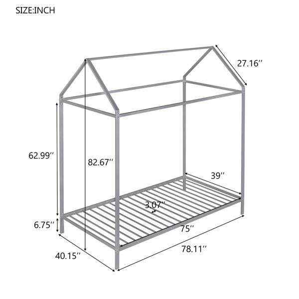 House Bed Frame Twin Size , Kids Bed Frame Metal  Platform Bed  Floor Bed for Kids Boys Girls No Box Spring Needed Silver