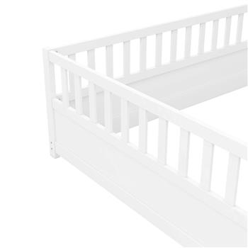 Full size  Floor bed, integral construction with super high security barrier, door, children\\'s floor bed frame, Montessori wooden children\\'s floor bed, white