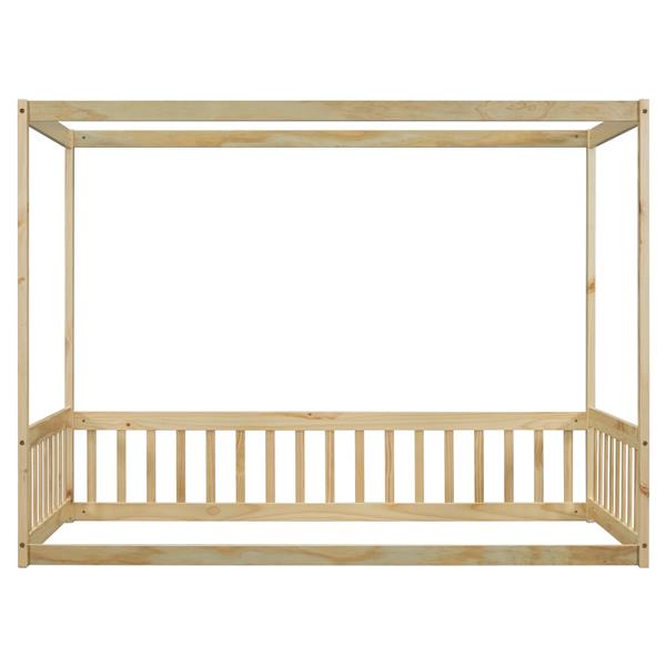 Twin Size Canopy Frame Floor Bed with Fence, Guardrails,Natural