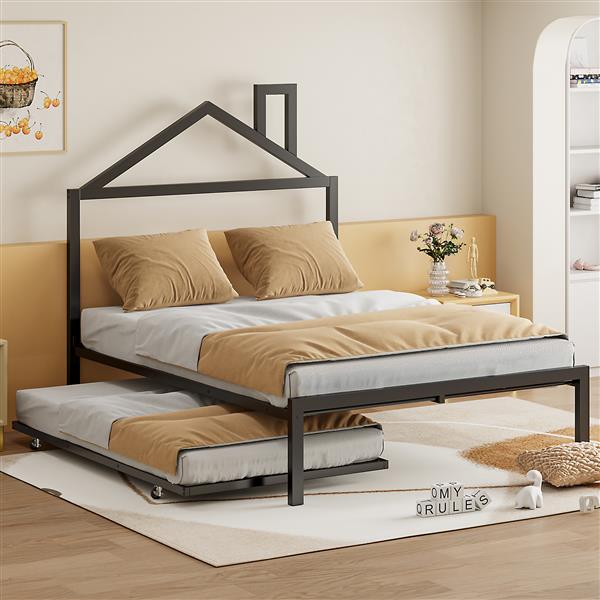 Full Size Metal Platform Bed with twin size trundle,House-Shaped Headboard Design, Black