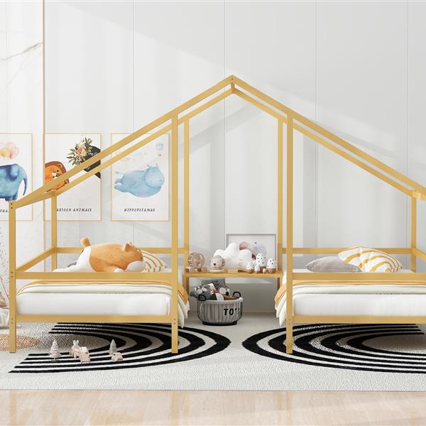 Metal Double Twin Size Triangular House Beds with Built-in Table, Gold