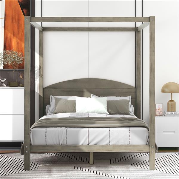 Queen Size Canopy Platform Bed with Headboard and Support Legs,Brown Wash