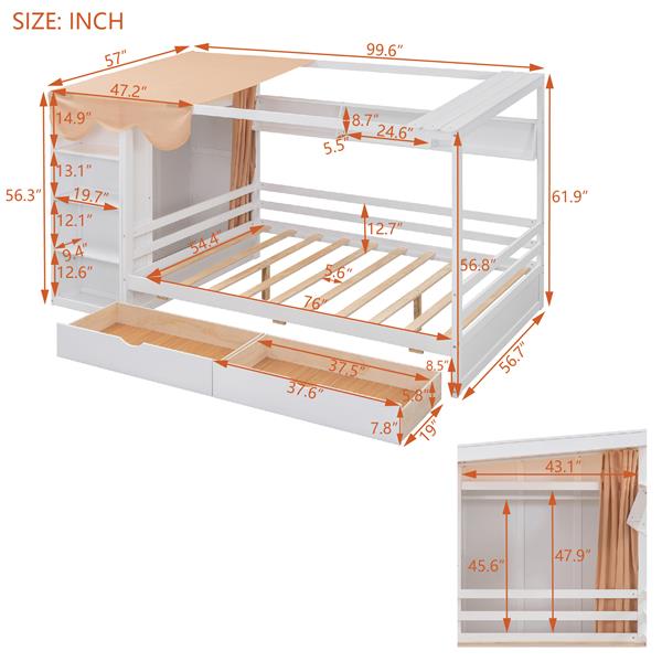 Full size House Bed with Two Drawers and Wardrobe,White