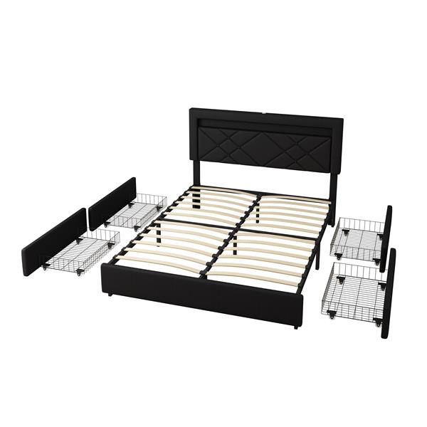 Queen Size Bed Frame with LED Lights, USB Charging Station, Black Textured Paint Bed Frame, Four Bottom Drawers for Stable Storage and Assembly, Black