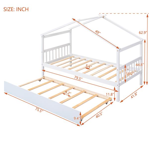 Twin Size Wooden House Bed with Twin Size Trundle, White