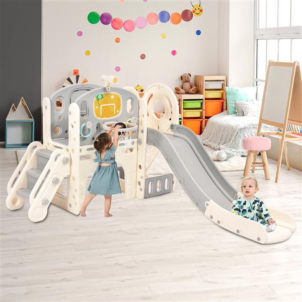 Kids Slide Playset Structure,  Castle Climbing Crawling Playhouse with Slide, Arch Tunnel, Ring Toss, and Basketball Hoop, Toy Storage Organizer for Toddlers, Kids Climbers Playground