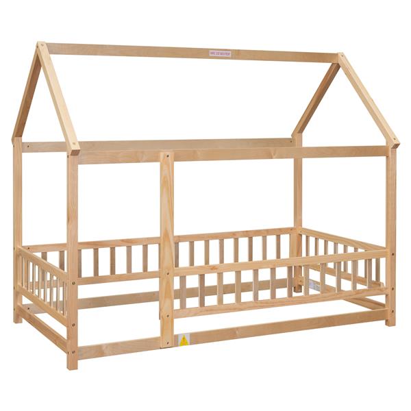 Twin Size Floor Wooden Bed with House Roof Frame, Fence Guardrails,Natural