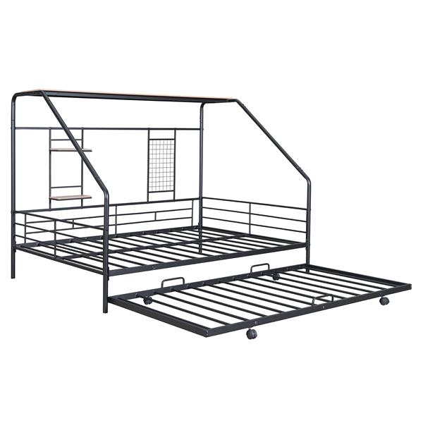 Full Size Metal House Bed with Trundle, Black