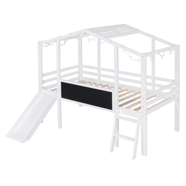 Twin Size Loft Bed with Ladder and Slide, House Bed with Blackboard and Light Strip on the Roof, White