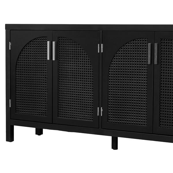 Large Storage Space Sideboard with Artificial Rattan Door and Metal Handles for Living Room and Entryway (Black)