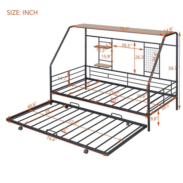 Twin Size Metal House Bed with Trundle, Black