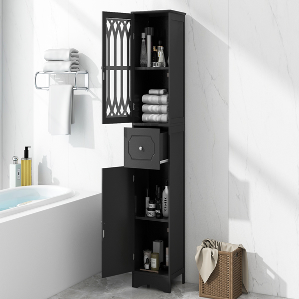 Tall Bathroom Cabinet, Freestanding Storage Cabinet with Drawer and Doors, MDF Board, Acrylic Door, Adjustable Shelf, Black 