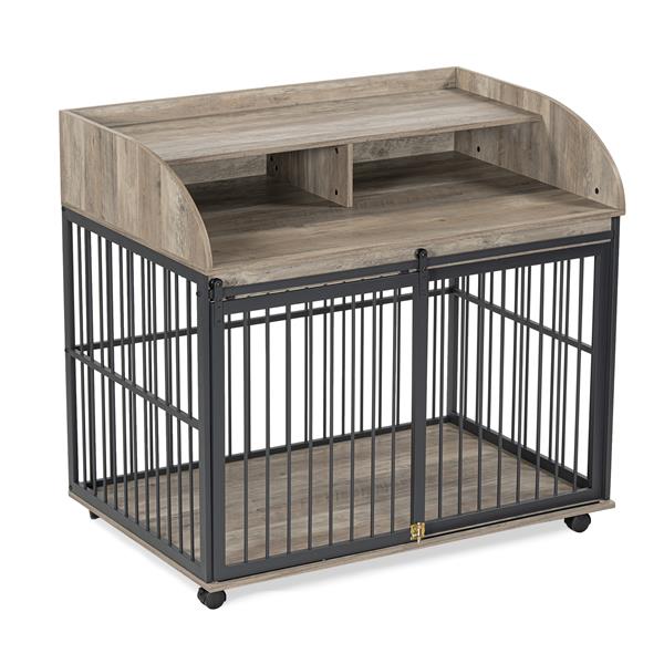 44'' Heavy Duty Large Dog Crate Furniture for Large Medium Dog with Lockable Wheels, Wooden Dog Crate Dog Kennel, End Table Crate with Double layer storage, Gray