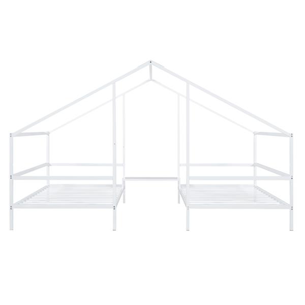 Metal Double Twin Size Triangular House Beds with Built-in Table, White