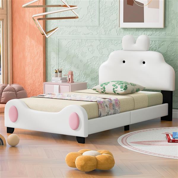 Twin Size Upholstered Platform Bed with Cartoon Headboard and Footboard, White+Pink