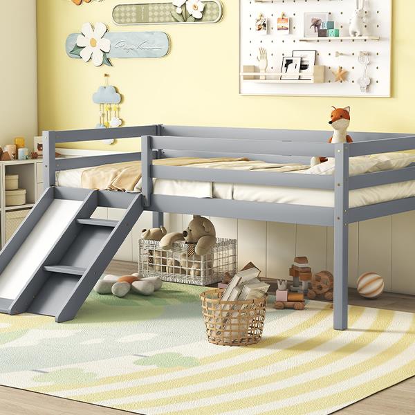 Twin Low Loft Bed with Slide,  Ladder, Safety Guardrails, No Box Spring Needed,Grey